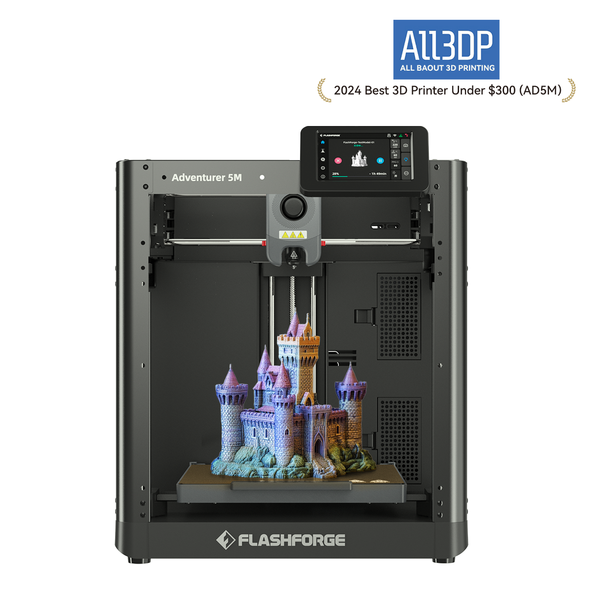 The Flashforge Adventurer 5M beginner 3D Printer with castle model